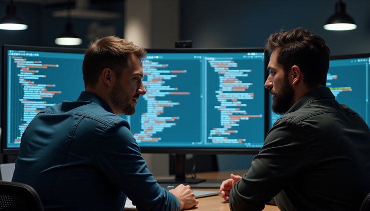 Vue en contre-plongée d’un Tech Lead discutant avec un membre de son équipe devant un écran de code