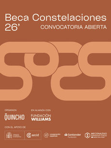 Afiche promocional de la "Beca Constelaciones 26'", convocatoria abierta. Incluye el logo de QUINCHO (organiza) y Fundación Williams (en alianza con).