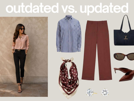 Outdated vs. updated fall outfit styling examples showing modern silhouettes, proportions and accessories.