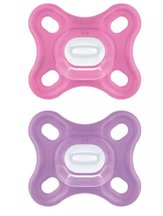 Thumbnail: Two pink and purple MAM pacifiers, 0-3 months, flat design for babies.