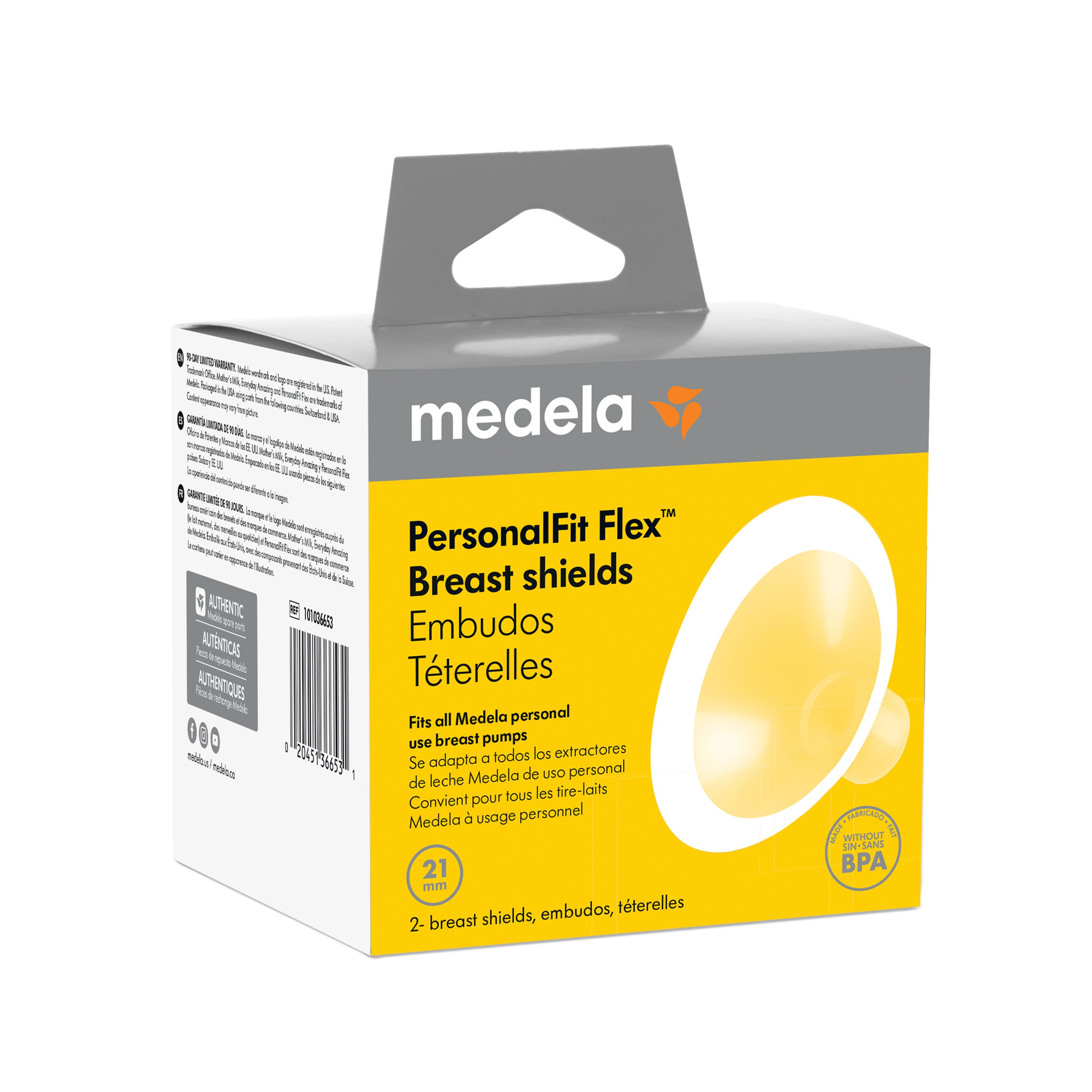 Medela PersonalFit Flex™ Breast Shields package with text and product details on grey