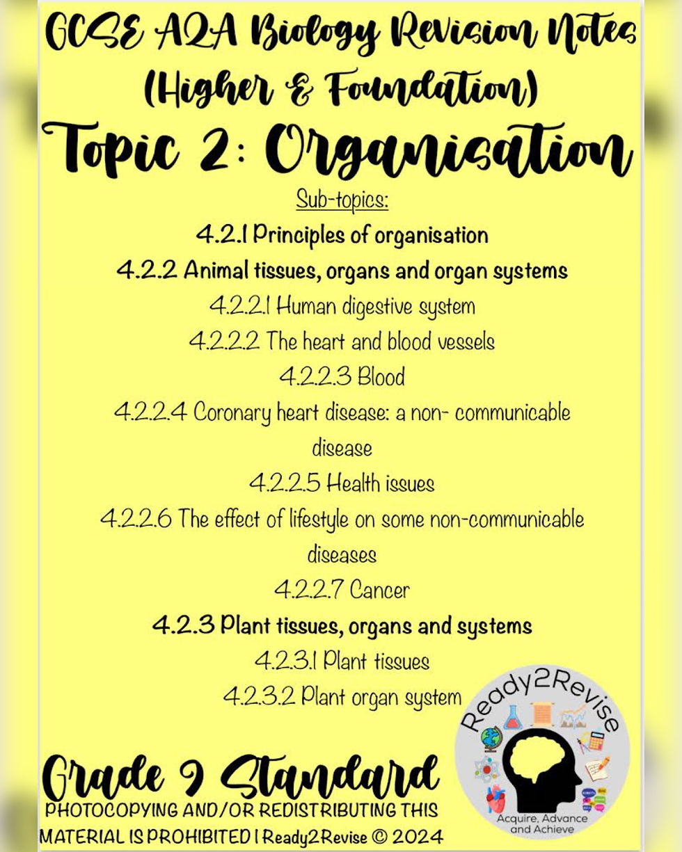 Topic 2 - Organisation GCSE AQA Biology (Combined & Triple) Revision Notes
