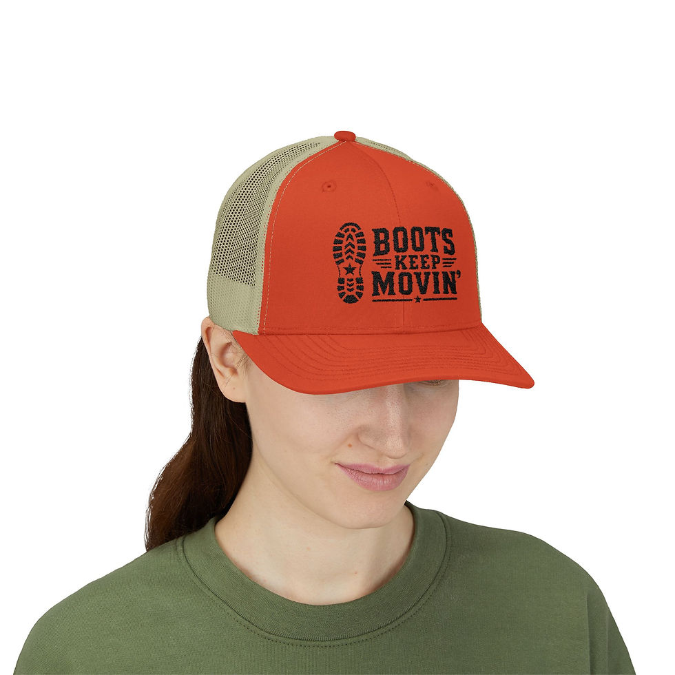 Thumbnail: "Boots Keep Movin" Snapback Trucker Cap Motivational Hat Dark Lettering