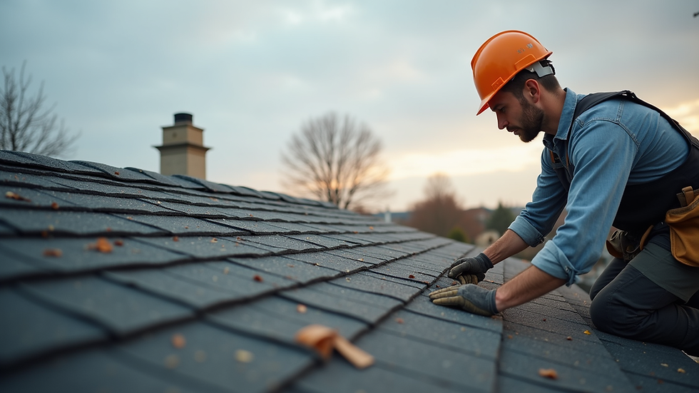 Eye-level view of a roofing contractor inspecting a residential roof