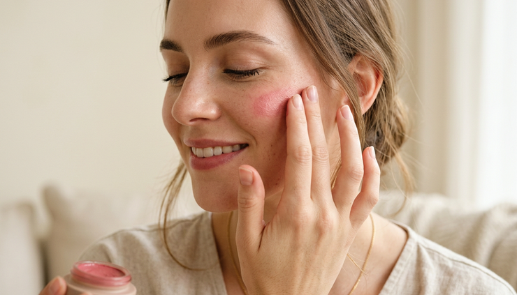 Close-up of cream blush being applied to the cheek
