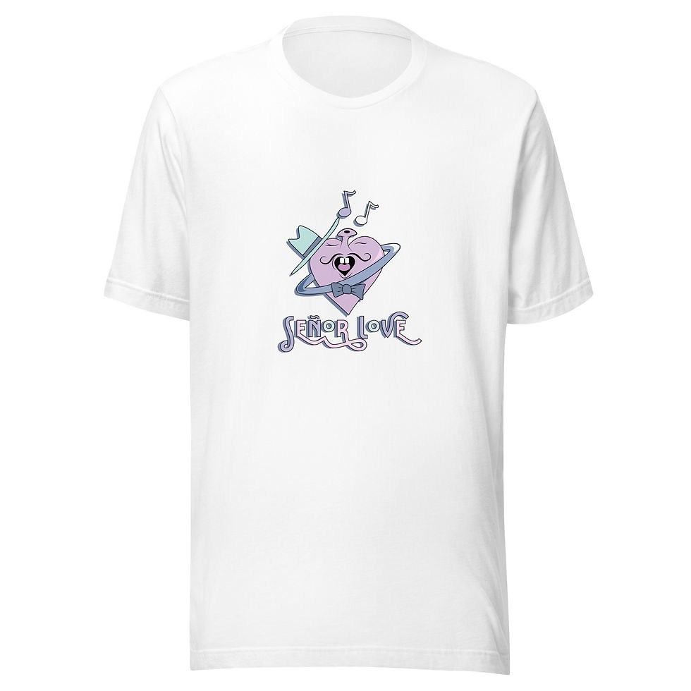Thumbnail: white tee shirt with image of a singing "heart" wearing a hat and bowtie.  underneath reads "señor love".