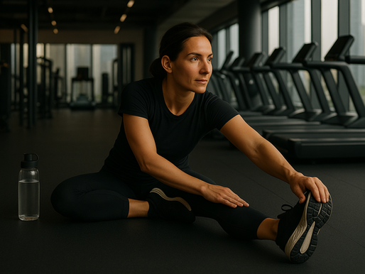 Woman in black sportswear stretching on a gym floor with a water bottle nearby. Treadmills line the background, and large windows provide city views.
