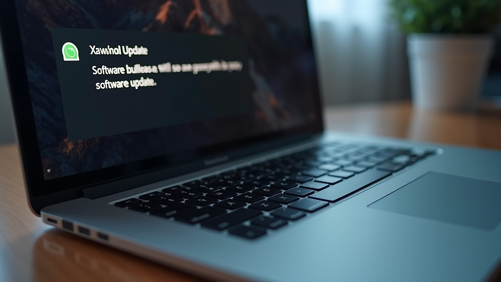Close-up view of a MacBook keyboard with a software update notification on screen