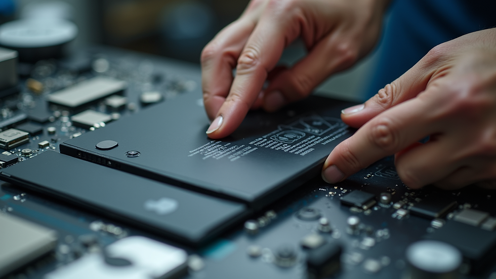 High angle view of a repair technician installing an original Apple battery