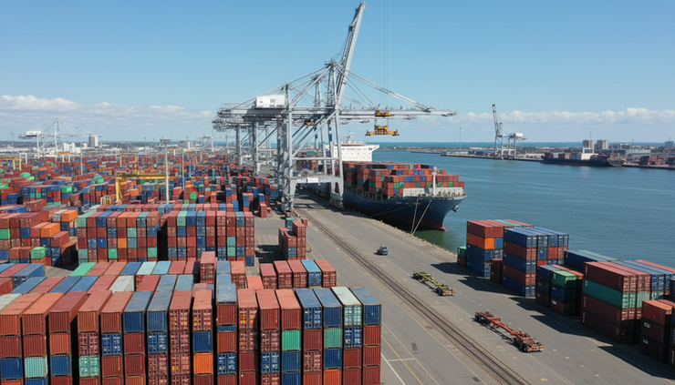 Wide-angle view of cargo containers being handled at a busy ocean port.