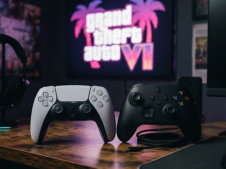 PS5 controller and a Xbox series x controller with the GTA VI logo in the background.jpg