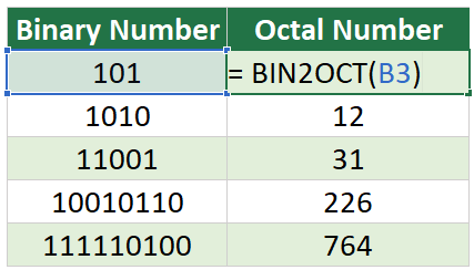 excel convert binary number to octal formula