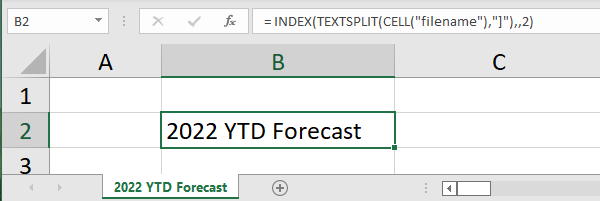 Sheet Name using TEXTSPLIT Function (Alternative Method) = INDEX(TEXTSPLIT(CELL("filename"),"]"),,2)