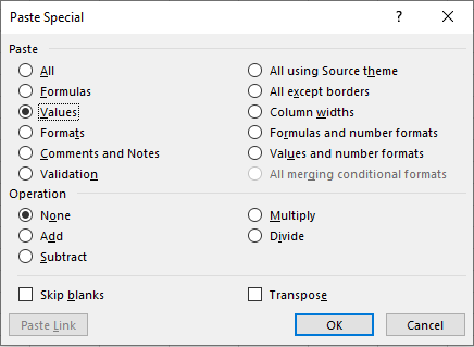 The paste special menu within Excel