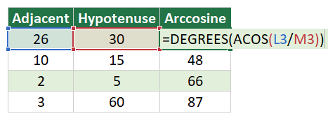 Calculate Arccosine in excel using a formula