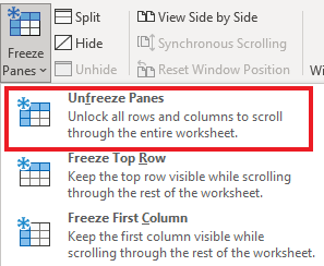 How to unfreeze rows and columns - the unfreeze panes option
