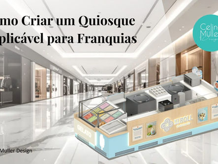 Projeto de quiosque replicável para franquias em shopping center, com design moderno, exposição de gelatos, equipamentos integrados e layout estratégico para padronização operacional e aumento de vendas.