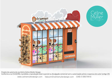 Vending machine infantil da franquia Criamigos para shopping com exposição de pelúcias.