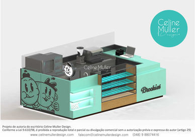 PT: Quiosque para shopping da marca Brodinhos, especializado em brownies e cookies. Estrutura compacta com vitrine frontal, cores vibrantes e ilustração divertida na lateral.
EN: Shopping mall kiosk for Brookies, a brand specializing in brownies and cookies. Compact structure with front display case, vibrant colors, and playful side illustration.