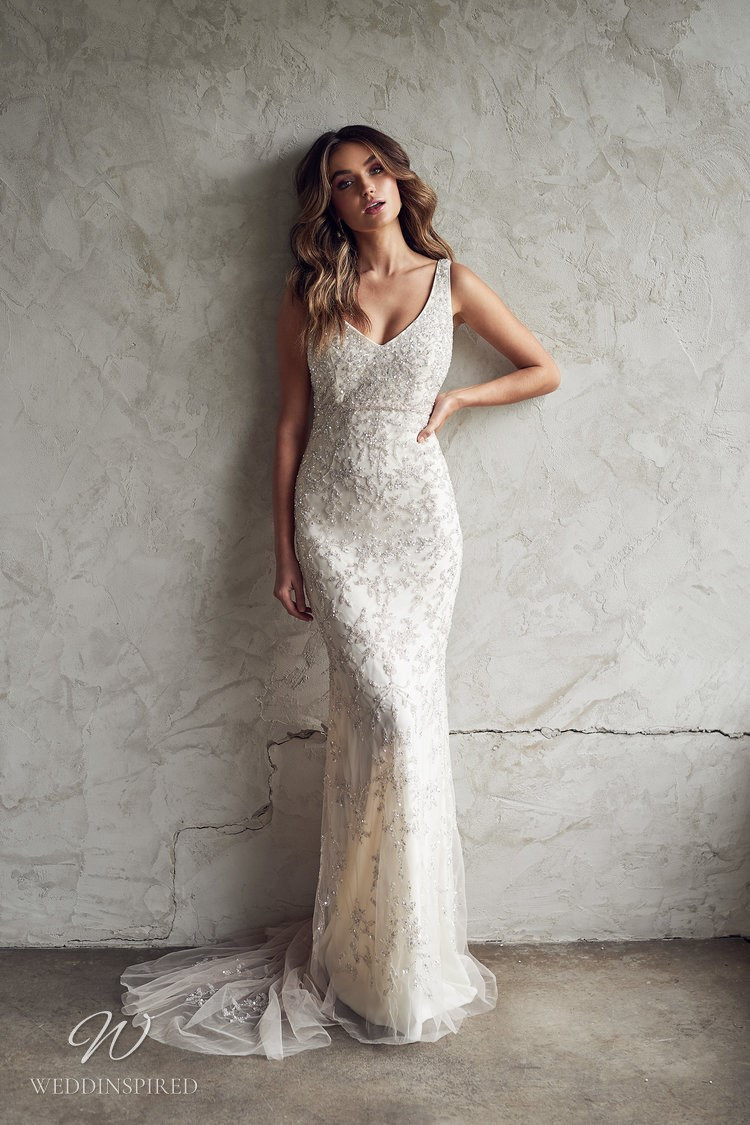 An Anna Campbell 2020 fitted v neck wedding dress with beading and tulle