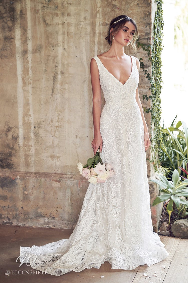 An Anna Campbell 2020 romantic lace, v neck A-line wedding dress