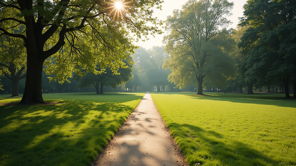 Wide angle view of a serene park with walking paths