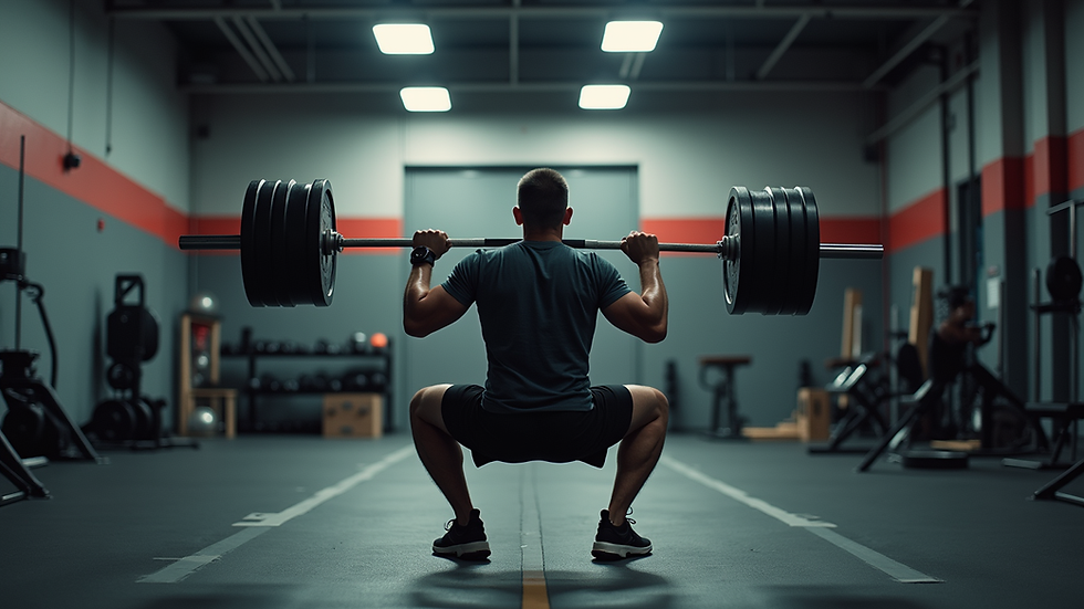 Eye-level view of a person performing a squat in a gym