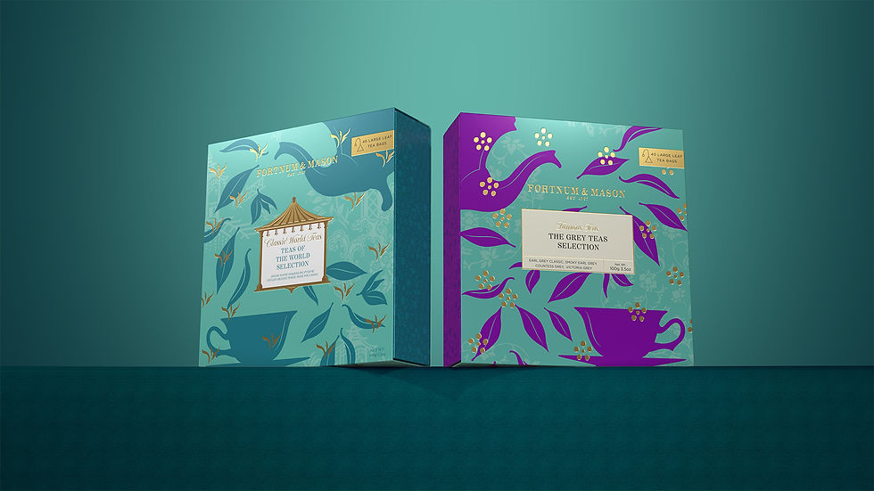 Packaging lineup for Fortnum & Mason tea selections by Intertype Studio, comparing the teal pagoda-themed Teas of the World box and the purple silhouette Grey Teas box.