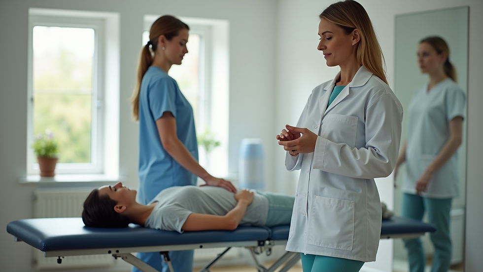 Wide angle view of a physiotherapist preparing for a session