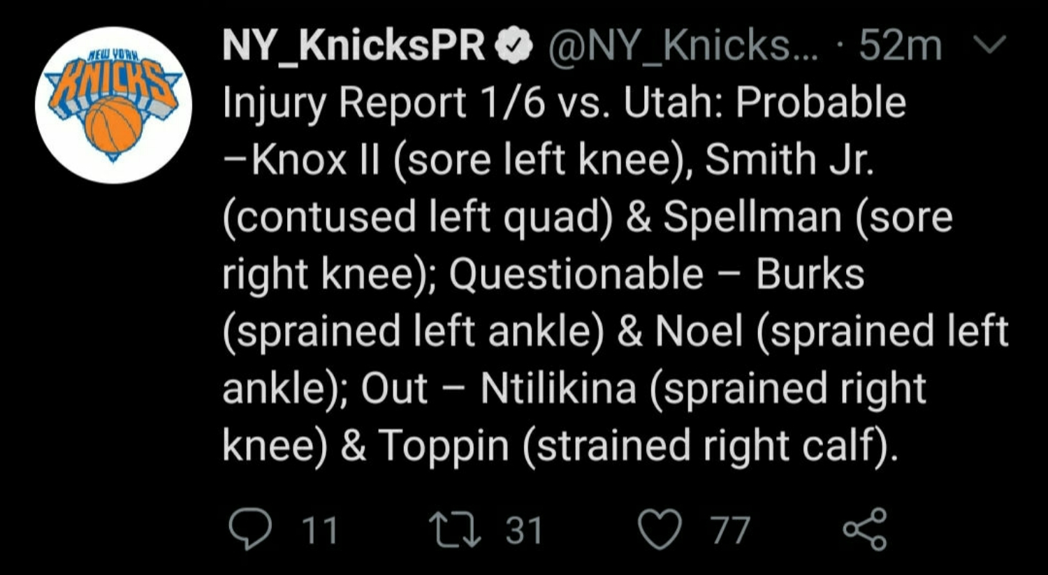 Knicks Injury Report for 1/6 vs Utah Jazz content media