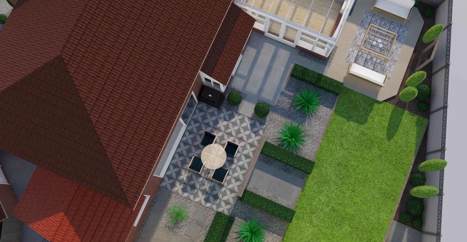 Aerial view of newly designed and built garden