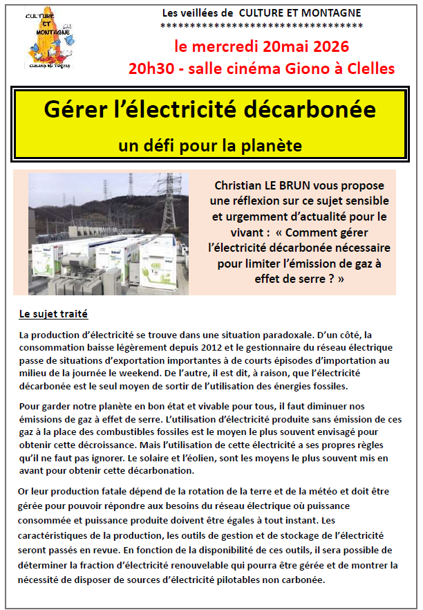 Mercredi 20 Mai - "Gérer l’électricité décarbonée un défi pour la planète" - Les veillées de CULTURE ET MONTAGNE