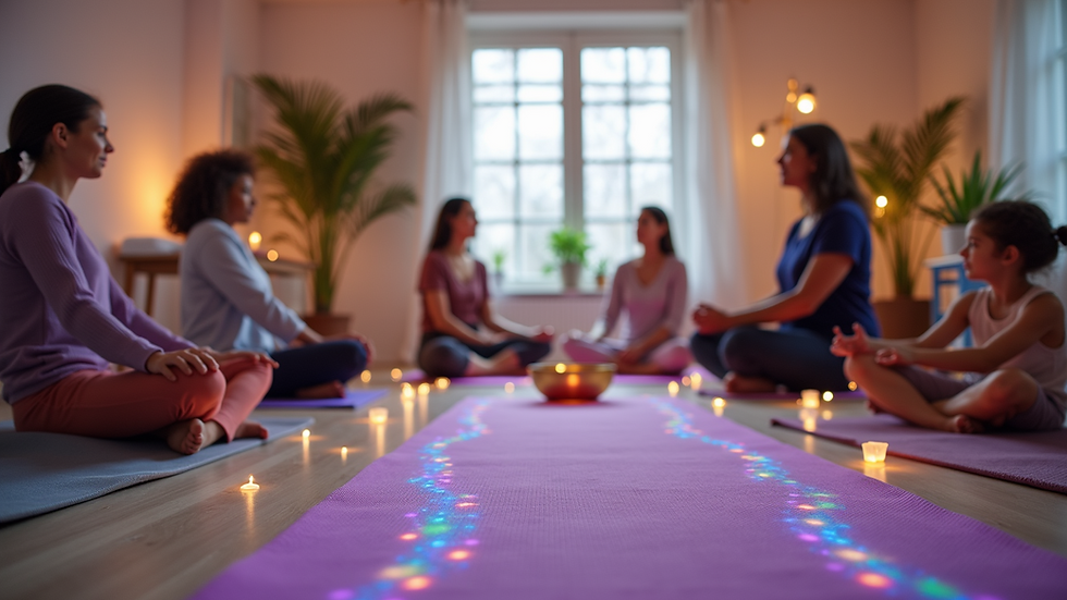 Eye-level view of a serene yoga studio with mats neatly arranged
