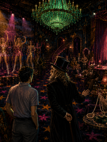 Un elegante nightclub in stile cabaret con ballerini, una cantante, una cartomante e ospiti sotto un lampadario verde.