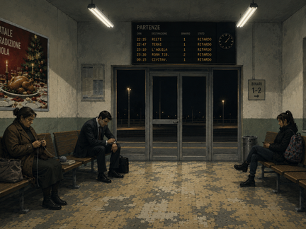 Tre passeggeri attendono in una stazione ferroviaria italiana scarsamente illuminata; il tabellone delle partenze segnala ritardi, mentre sulla sinistra è appeso un manifesto per la cena di Natale.