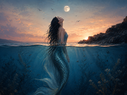 Una sirena emerge dal mare al tramonto; la luna è alta nel cielo, gli uccelli volteggiano, la costa è rocciosa.