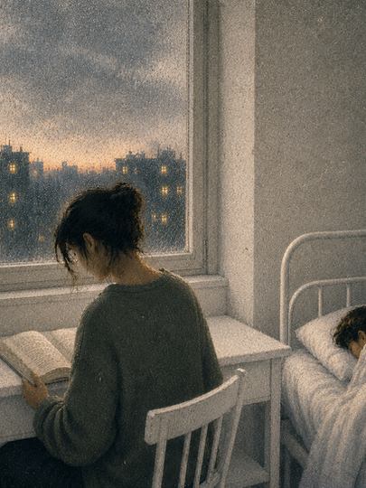 una donna che legge un libro accanto a suo figlio che riposa sul letto di un ospedale