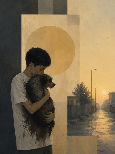 Un bambino abbraccia un cane dal pelo folto su una strada tranquilla e bagnata al tramonto, con un cielo caldo e dorato.