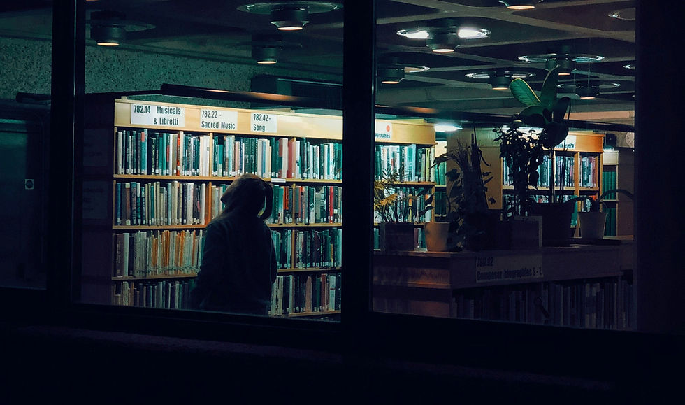 Una persona in controluce sfoglia dei libri in una libreria scarsamente illuminata.