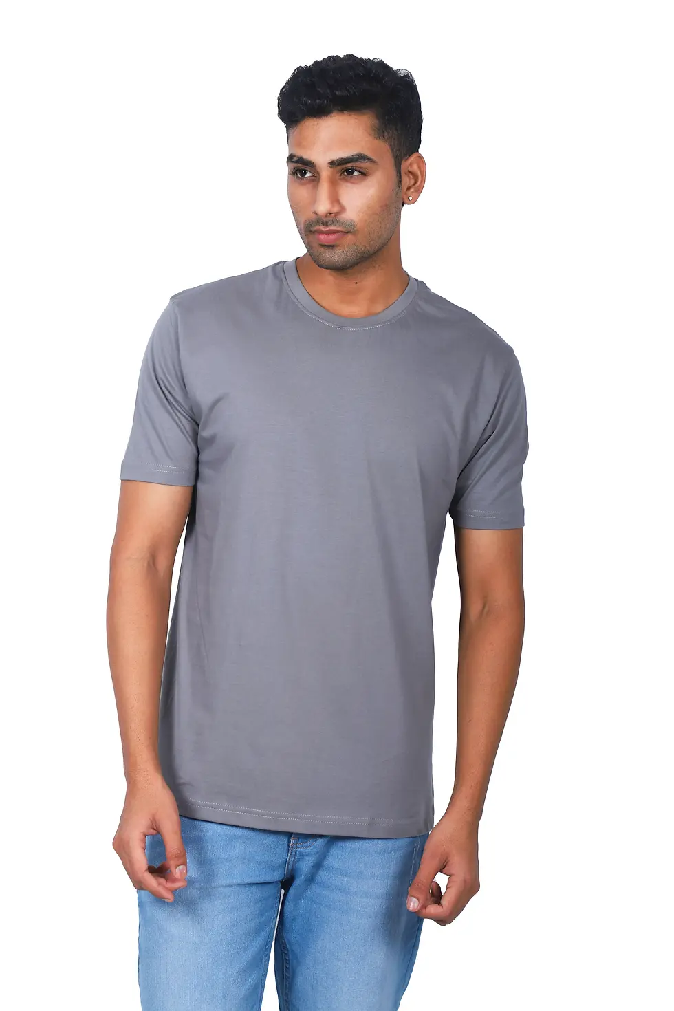 Thumbnail: Solid Grey Regular Fit Round Neck Tshirt