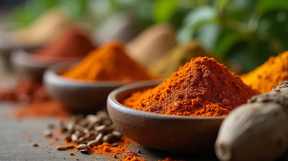 Close-up view of a variety of Ayurvedic herbs and spices