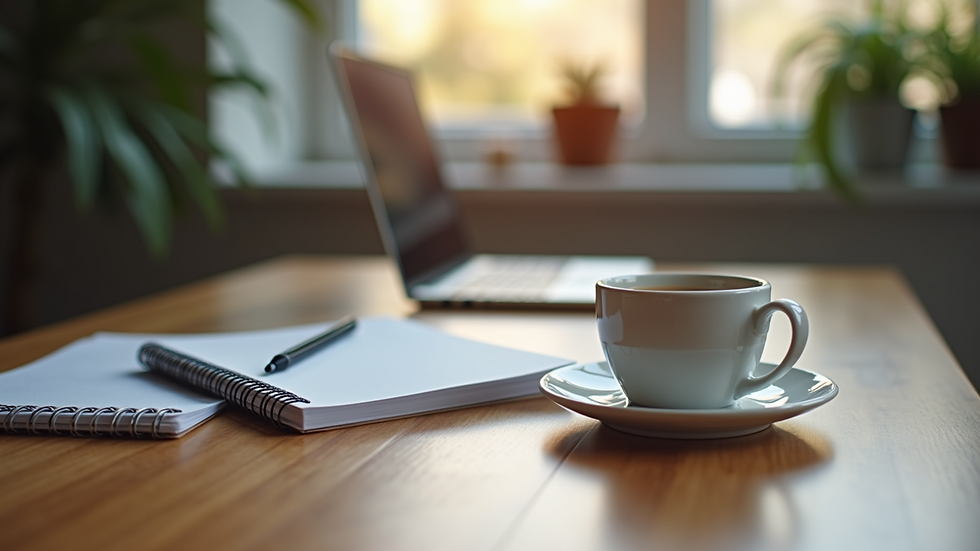 Eye-level view of a modern workspace with a notebook and a cup of coffee