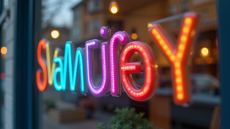 Close-up view of a vibrant logo on a storefront