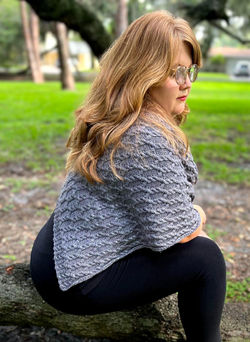 King Under the Mountain Shawl, a grey shawl with diamond shaped overall cables