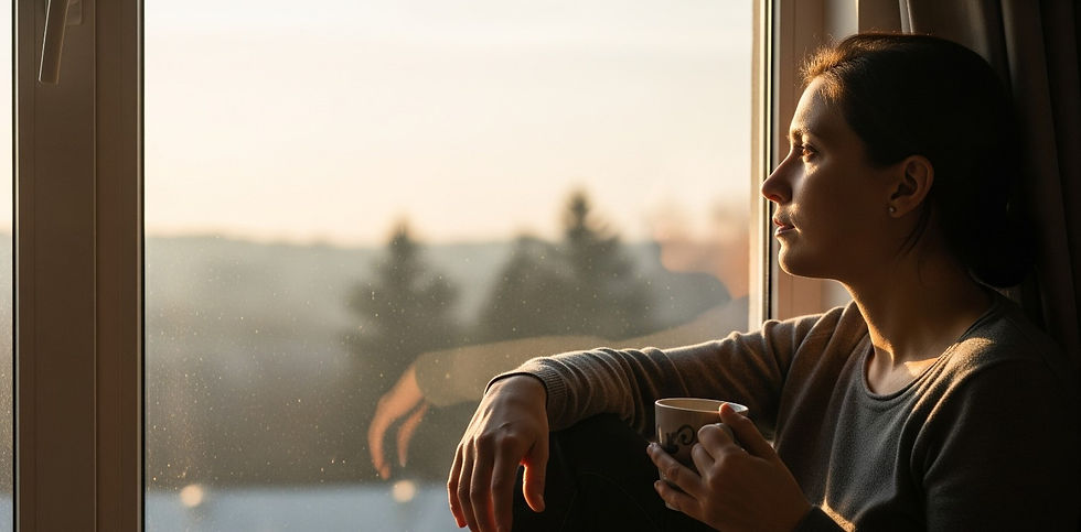 Woman sitting by a window with a thoughtful expression, reflecting on whether she needs therapy or is simply overreacting.