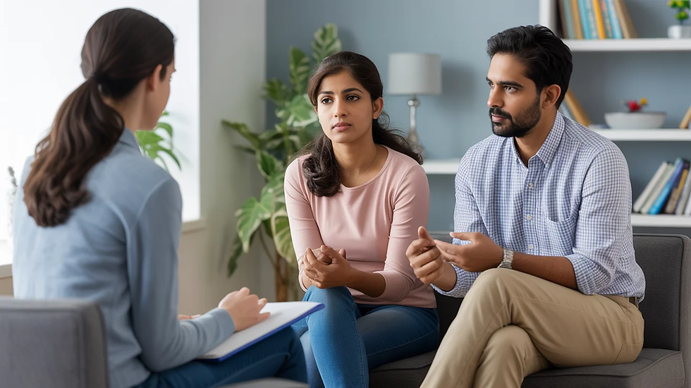 Young Indian couple attending relationship counseling with a therapist to improve communication and resolve conflicts.