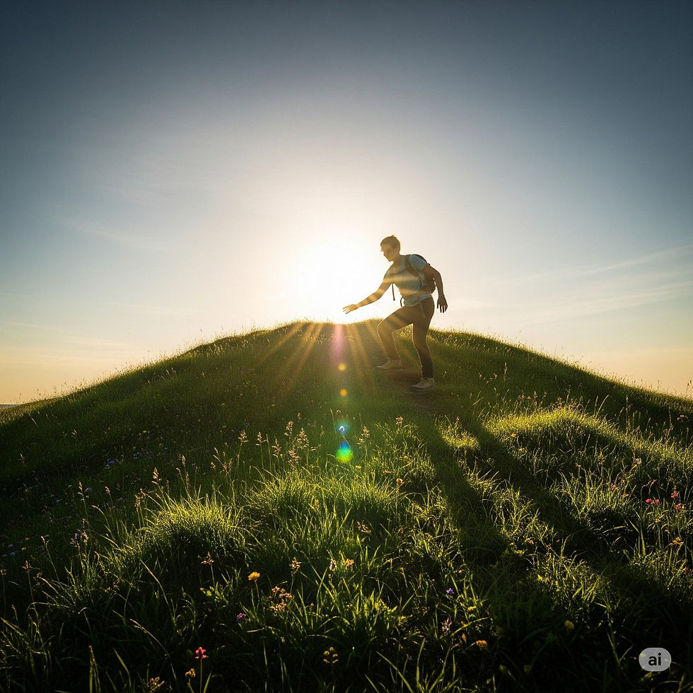 Person climbing a grassy hill at sunrise, symbolizing personal growth and moving forward with support from therapy