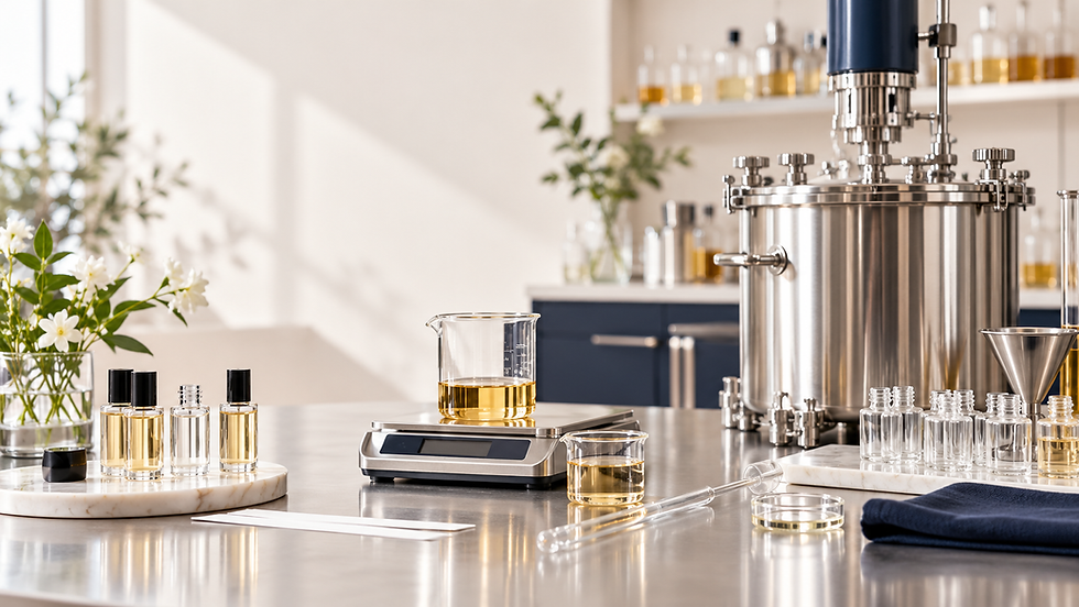 Illustrative fragrance oil production equipment in a bright professional laboratory