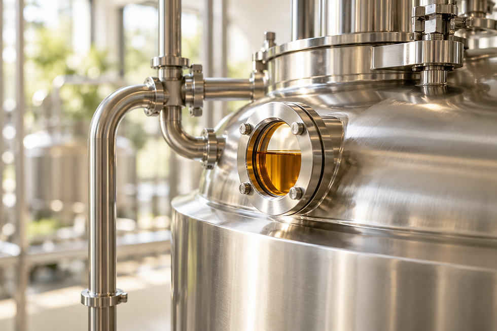 Illustrative detail of a stainless steel production vessel with an amber sight glass