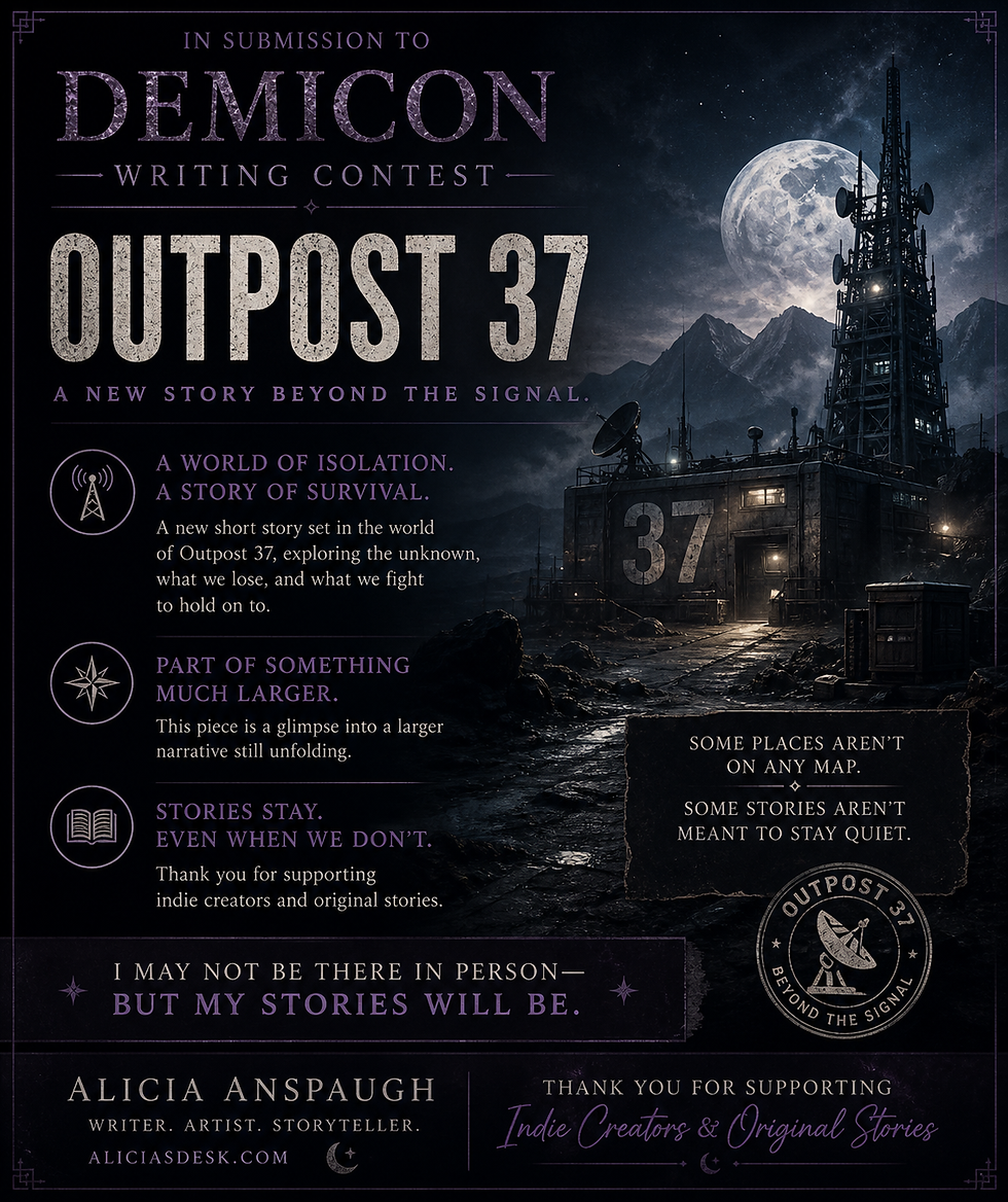Promotional image showing Alicia Anspaugh’s artwork display with overlay text announcing Outpost 37 and Fake News writing contest entries submitted to Demicon.